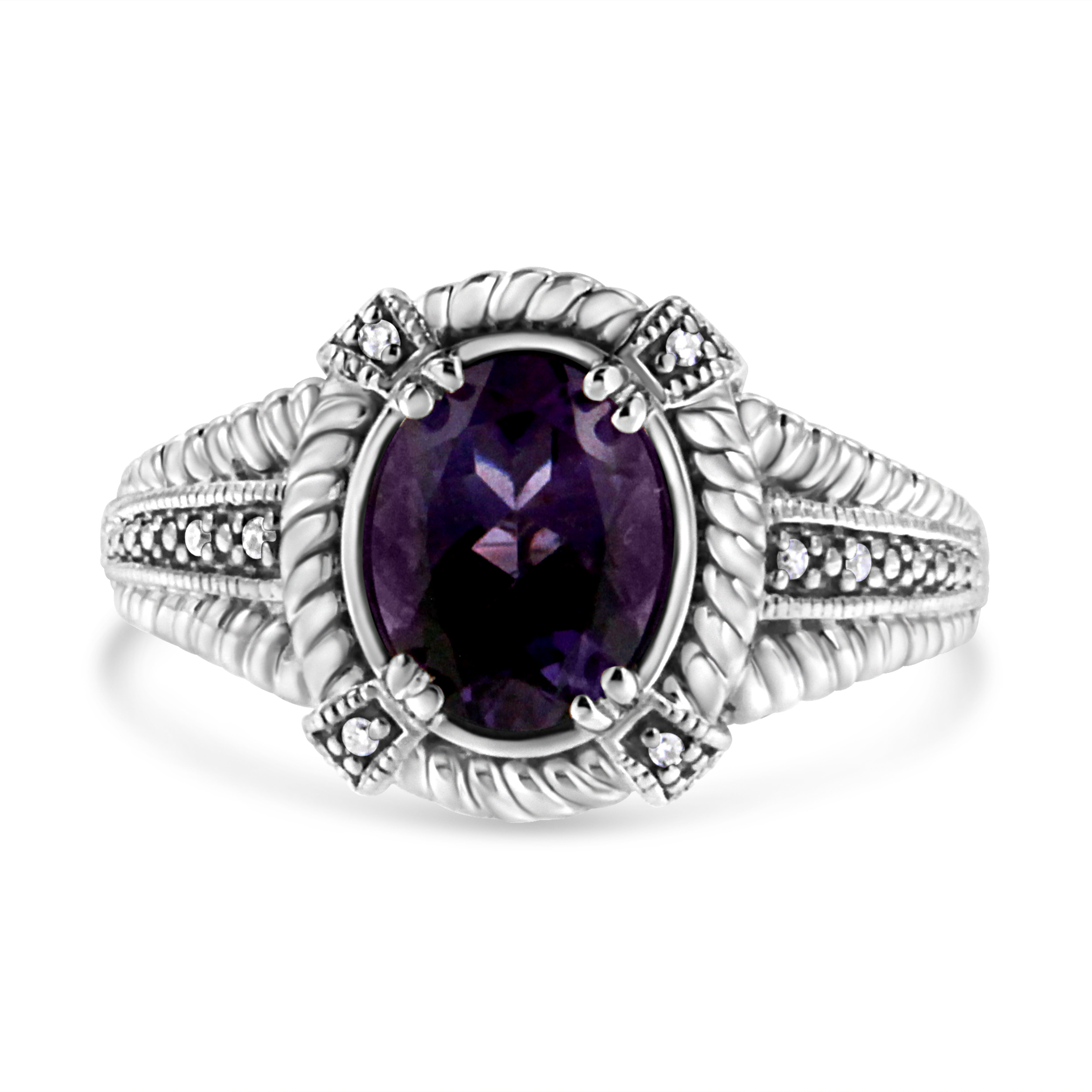 .925 Sterling Silver Prong Set Natural Oval Shape 9X7 MM Purple Amethyst Solitaire and Diamond Accent Ring (I-J Color, I1-I2 Clarity)-Ring Size 7-2