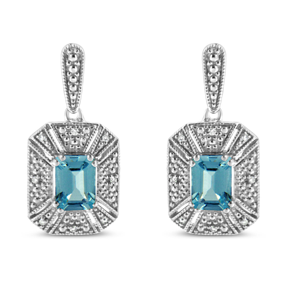 .925 Sterling Silver 7x5MM Emerald Shape Blue Topaz and Diamond Accent Art Deco Halo Style Drop and Dangle Earrings (I-J Color, I1-I2 Clarity)-One Size-1