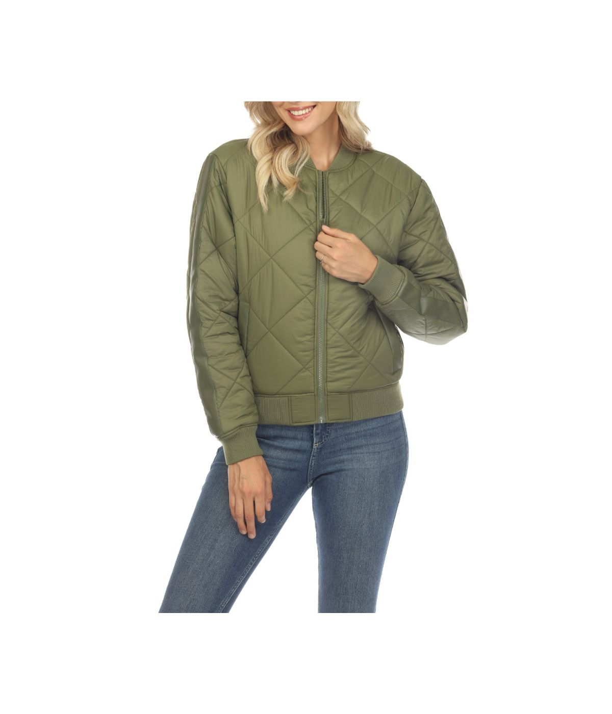 Women's Lightweight Diamond Quilted Puffer Bomber Jacket Olive