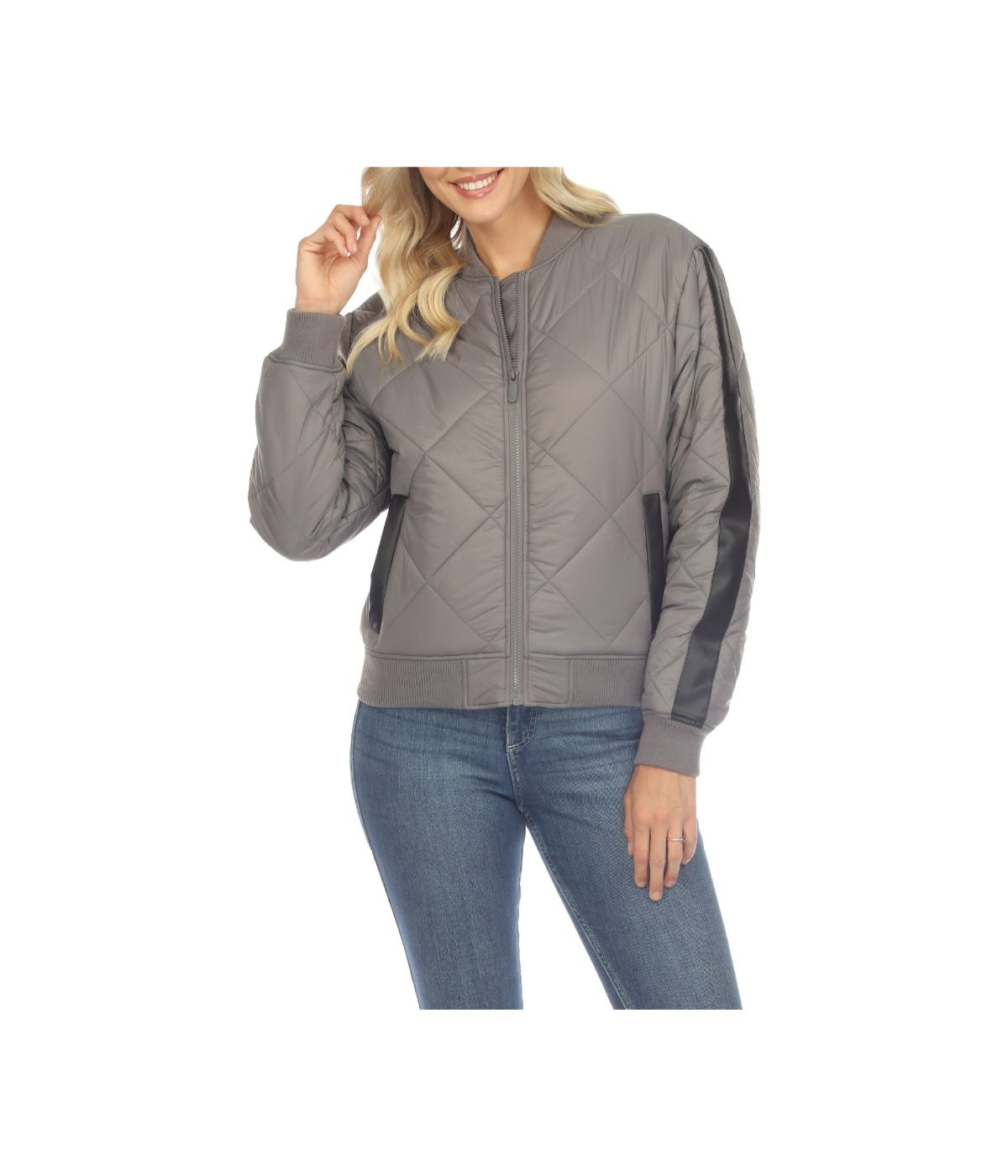 Women's Lightweight Diamond Quilted Puffer Bomber Jacket Grey