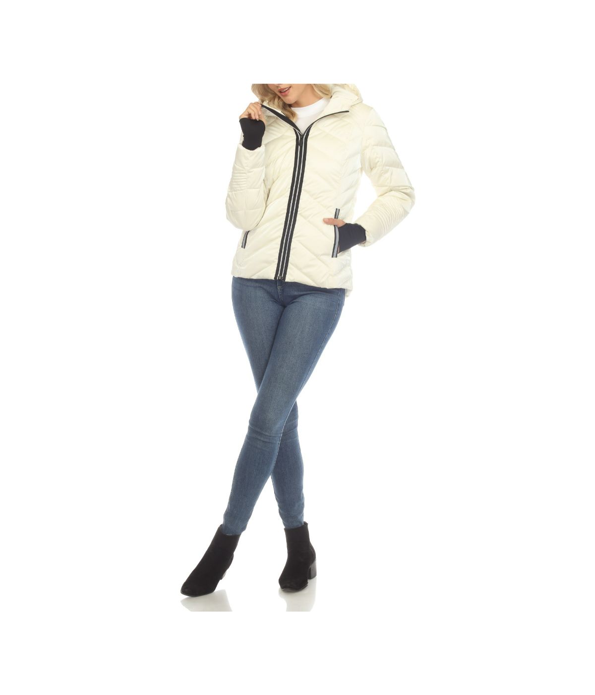 Women's Midweight Quilted Contrast With Thumbholes Hooded Jacket White