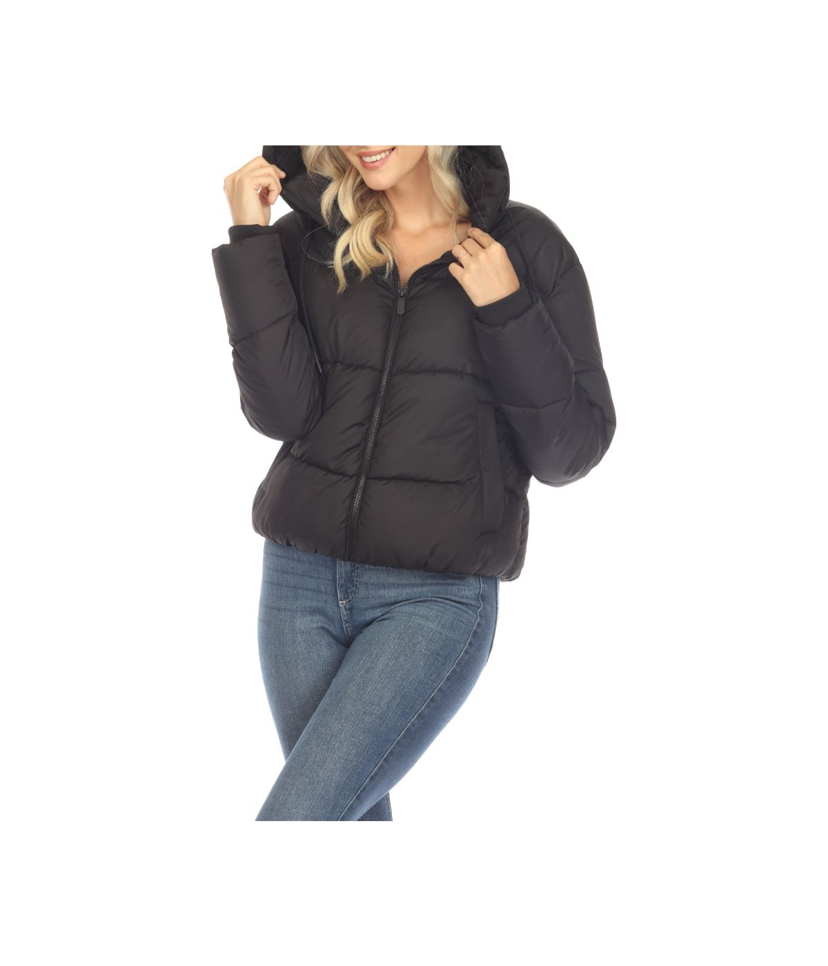 Women's Full Front Zip Hooded Bomber Puffer Jacket Black – Gordmans
