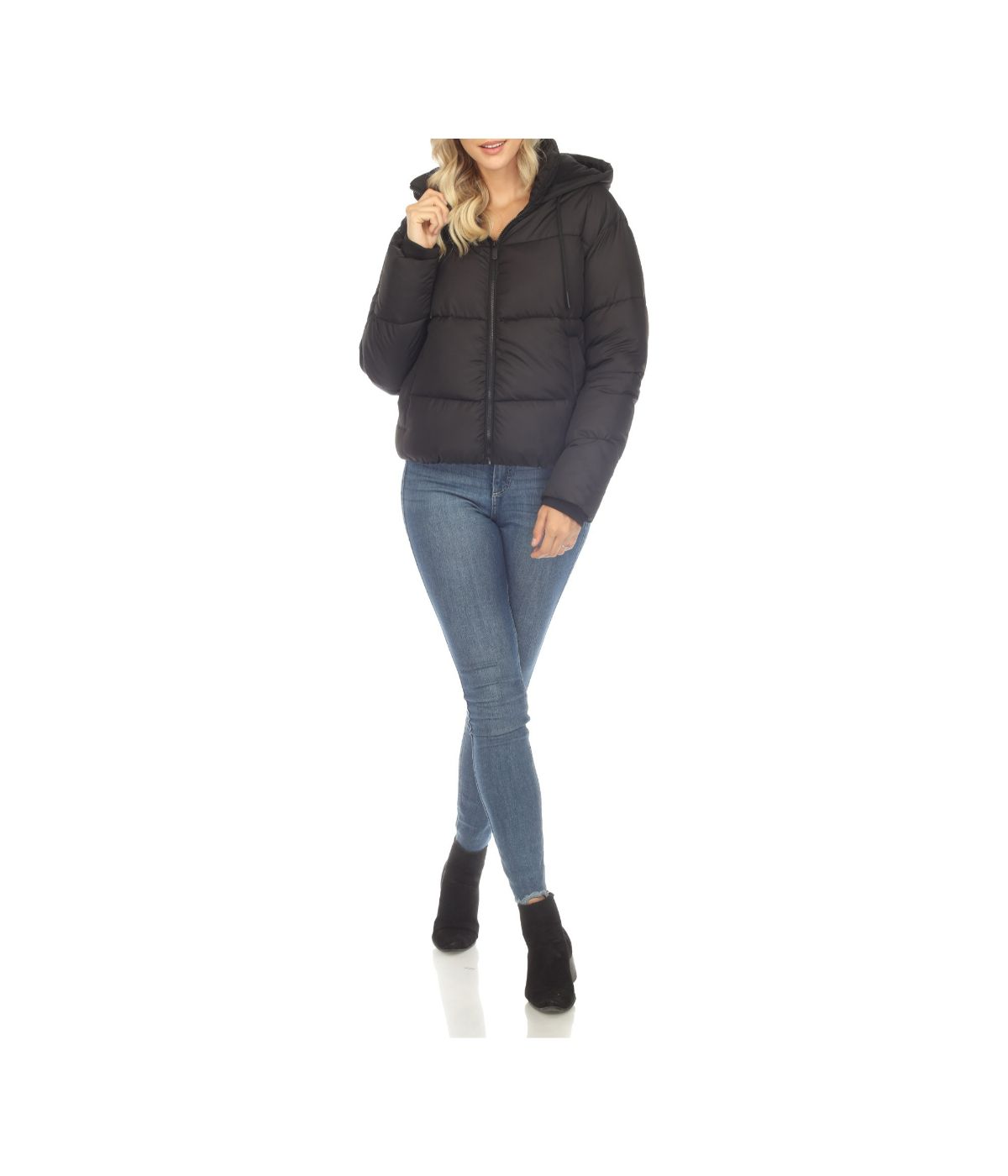 Women's Full Front Zip Hooded Bomber Puffer Jacket Black