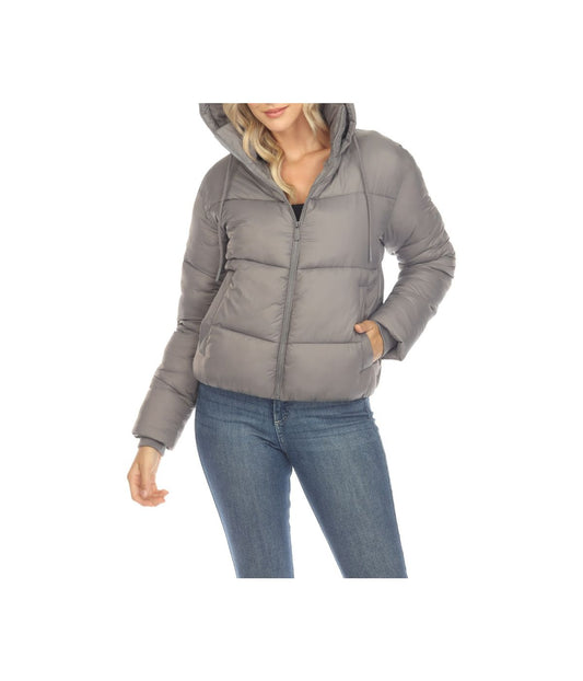 Women's Full Front Zip Hooded Bomber Puffer Jacket Grey