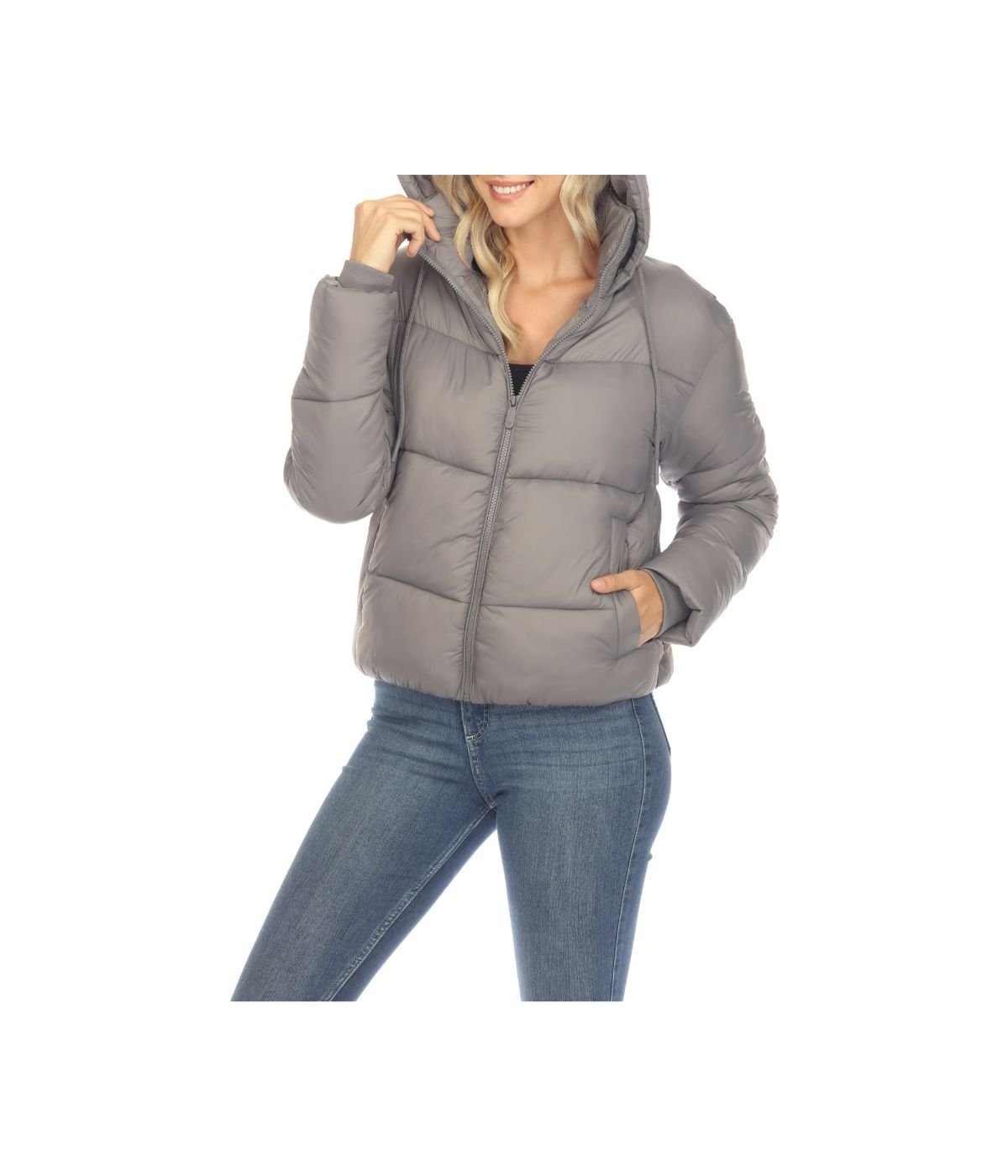 Women's Full Front Zip Hooded Bomber Puffer Jacket Grey