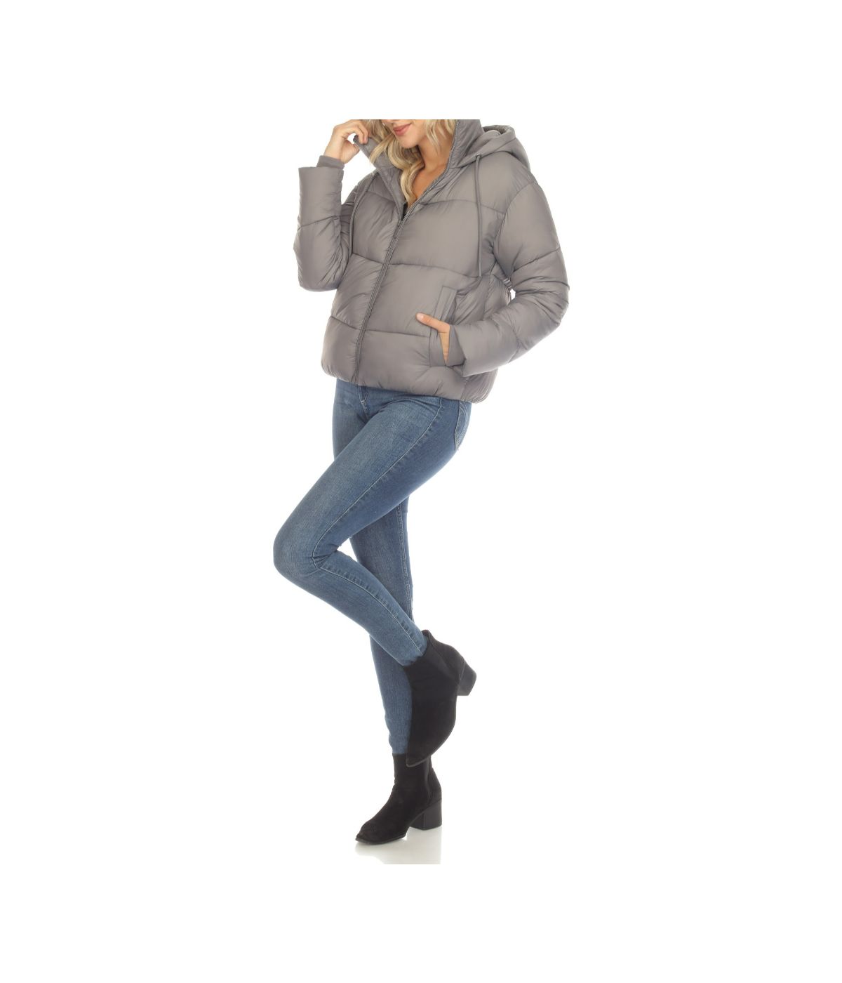 Women's Full Front Zip Hooded Bomber Puffer Jacket Grey