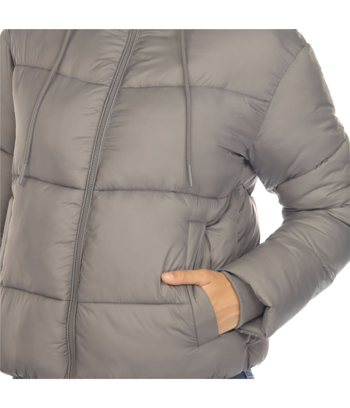 Women's Full Front Zip Hooded Bomber Puffer Jacket Grey