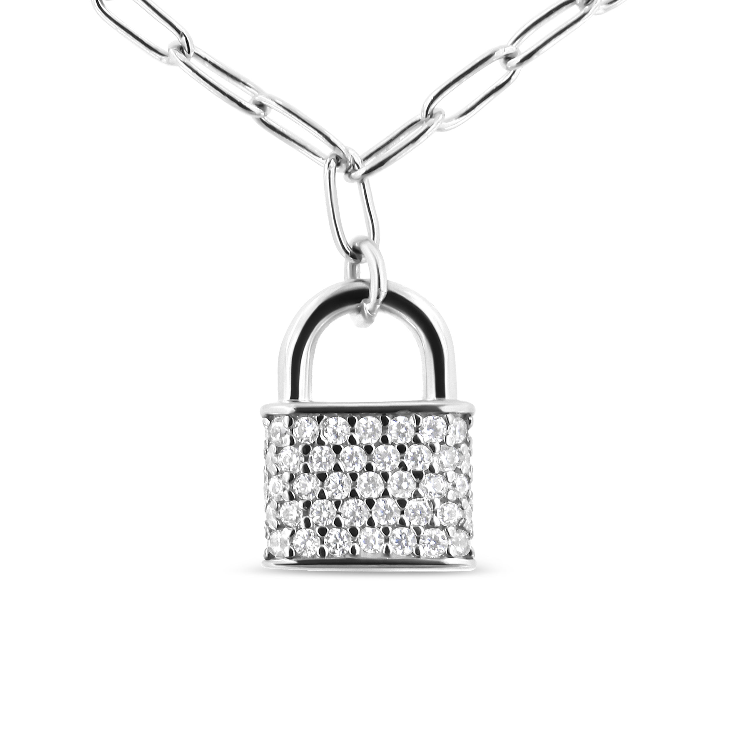 .925 Sterling Silver 1/4 Cttw Diamond Lock 20" Pendant Necklace with Paperclip Chain (H-I Color, SI2-I1 Clarity)-One Size-2