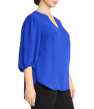 Plus Size Split Neck High Low Long Sleeve Blouse in Royal Sapphire