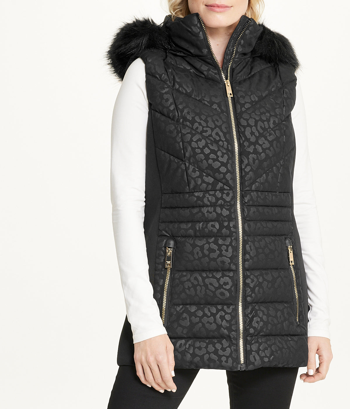 Zip Front Vest with Faux Fur Trim Hood Black