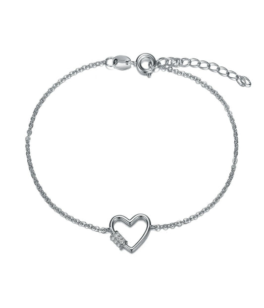 Rhodium Plated Cubic Zirconia Heart Adjustable Bracelet