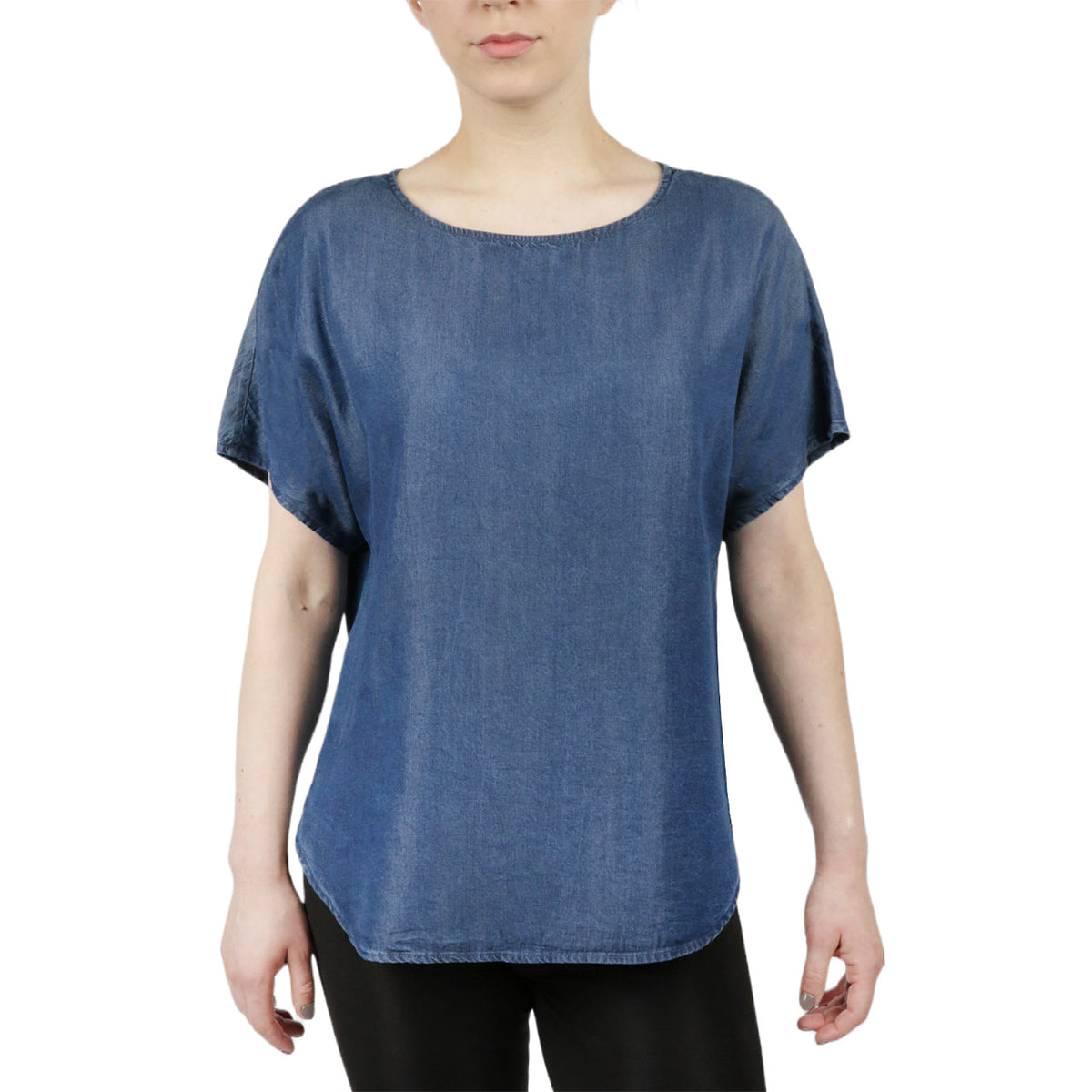 Tencel Denim Short Sleeves With Bateua Neckline Blouse