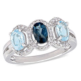 1 3/5 CT TGW London & Sky Blue Topaz and 1/5 CT TW Diamond Sterling Silver 3-Stone Halo Ring