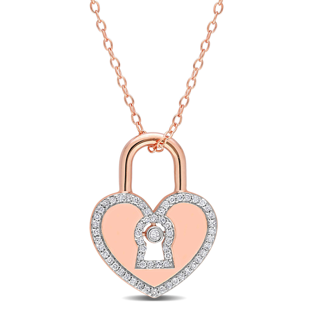 1/5 CT. T.W. Diamond Rose Plated Heart-Shaped Lock Pendant Necklace