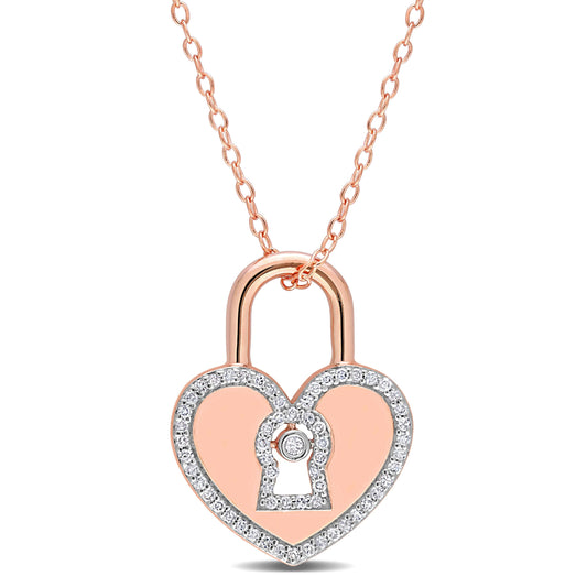 1/5 CT. T.W. Diamond Rose Plated Heart-Shaped Lock Pendant Necklace