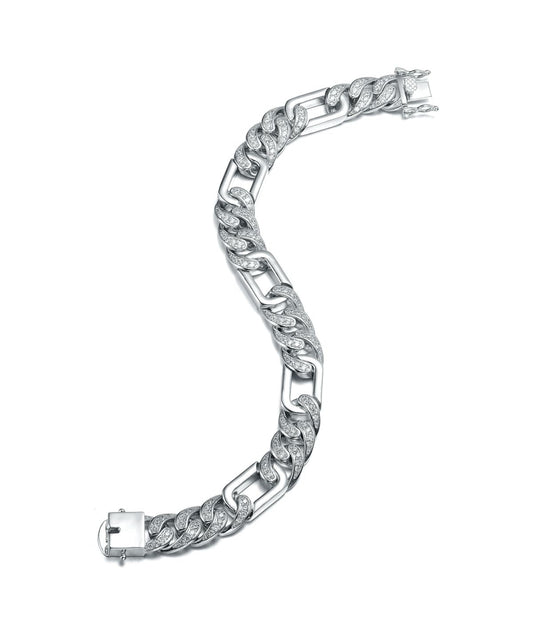 Men's Sterling Silver White Gold Plated with Iced Out Cubic Zirconia Oblong Curb Chain Bracelet