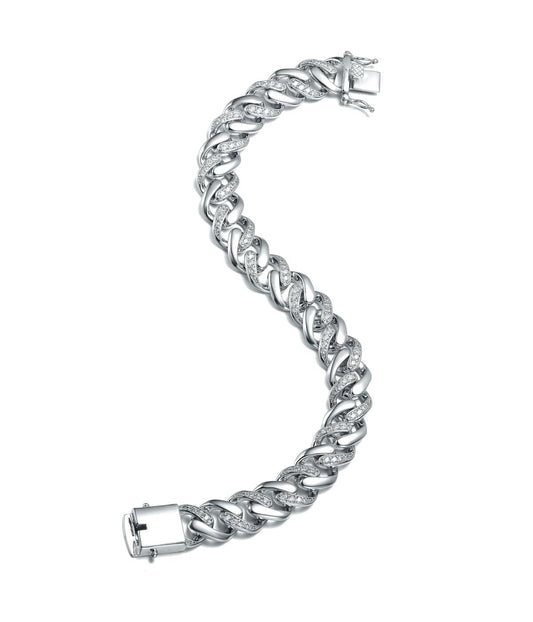 Men's White Gold Plated with Iced Out Cubic Zirconia Curb Chain Bracelet in Sterling Silver