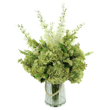 Hydrangeas, Heather and Delphinium in a Glass Vase with Rope