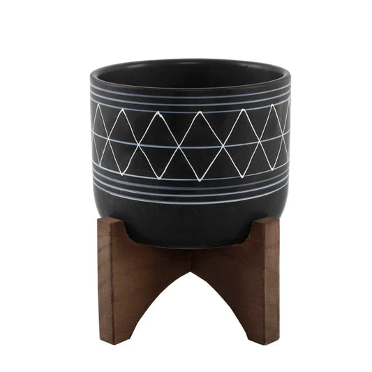 Black with White Line Art Planter On Wood Stand