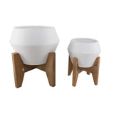 Set of 2 Retro White Ceramic Planters On Wood Stand