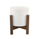 Warm White Cross Hatched Ceramic Planter On Wooden Stand