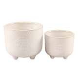 Set of 2 Ivory Sun Motif Ceramic Footed Planters