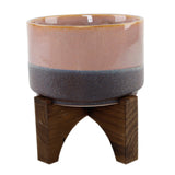Sunset Pink and Mauve Duo-Toned Ceramic Pot On Wood Stand