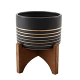 Ceramic Planter with Gold Concentric Lines on Wood Stand