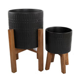 Set Of Two Matte Black Ceramic Planters On Wood Stand