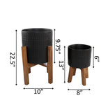 Set Of Two Matte Black Ceramic Planters On Wood Stand