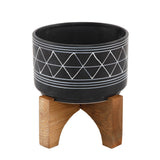 Black with White Line Art Ceramic Pot On Wood Stand