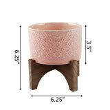 Coral Pink Embossed Ceramic Planter On Wood Stand