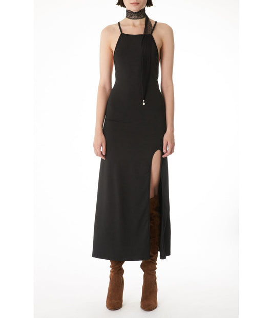 Dalini High Front Slit with Square Neck and Drawstring CrossBack Maxi Dress Black