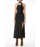 Dalini High Front Slit with Square Neck and Drawstring CrossBack Maxi Dress Black