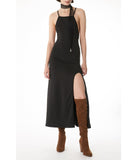 Dalini High Front Slit with Square Neck and Drawstring CrossBack Maxi Dress Black