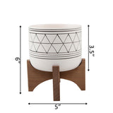 White with Black line Patterned Planter with Wood Stand