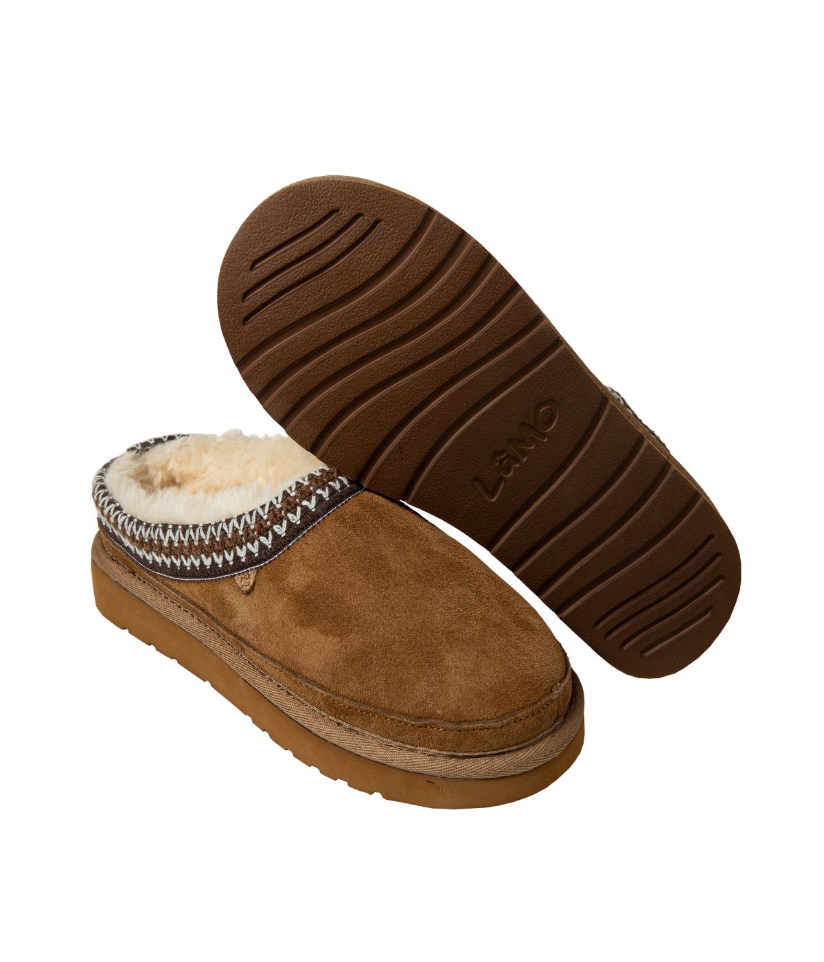 Ladies Clog-style slipper with premium suede upper and fur lining CHESTNUT/MULTI