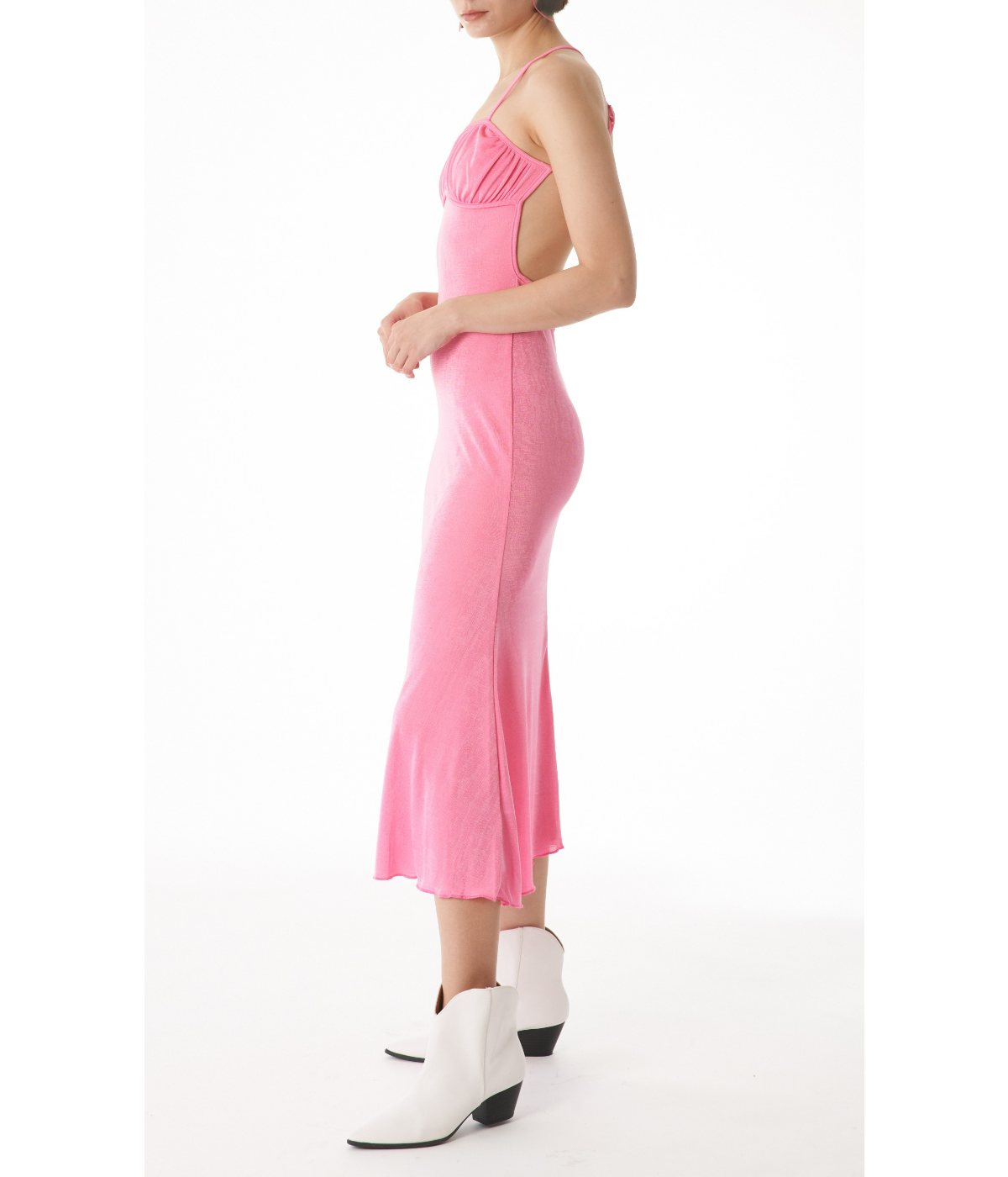 Ese Pink Dress with a Sweetheart Neckline Empire Waist and Adjustable Straps Midi Dress Pink