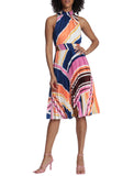 Smocked Collar & Waistband Halter Midi with Pleated Skirt