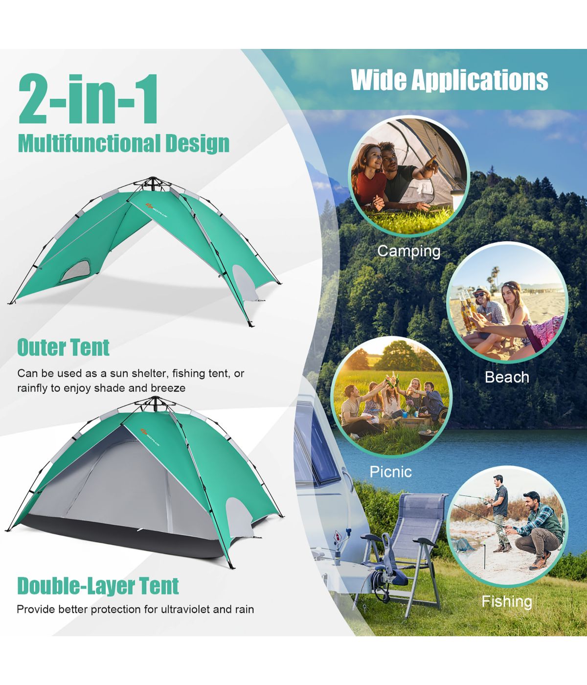 Instant Pop-up Camping Tent, Bag, Ground Stake & Windproof Rope Set (4 Person) Green