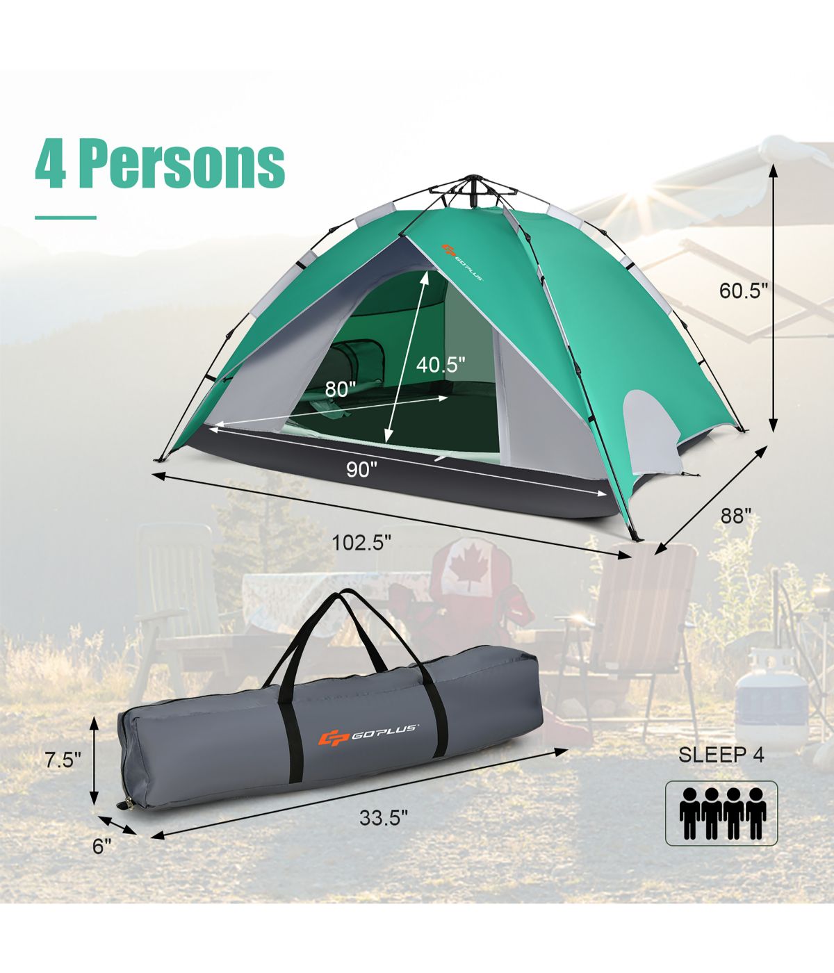 Instant Pop-up Camping Tent, Bag, Ground Stake & Windproof Rope Set (4 Person) Green