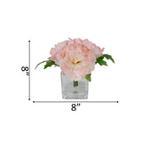 Soft Pink Silk Peony Arrangement In Cube Glass Pot