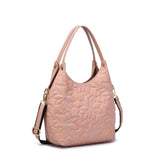 Jae Embossed Floral Patterned Hobo with Detachable/Adjustable Crossbody Strap