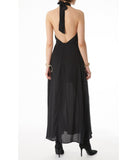 Ivi Tie Around Cross Halter Neck with Pleated Front Panel Maxi Dress Black