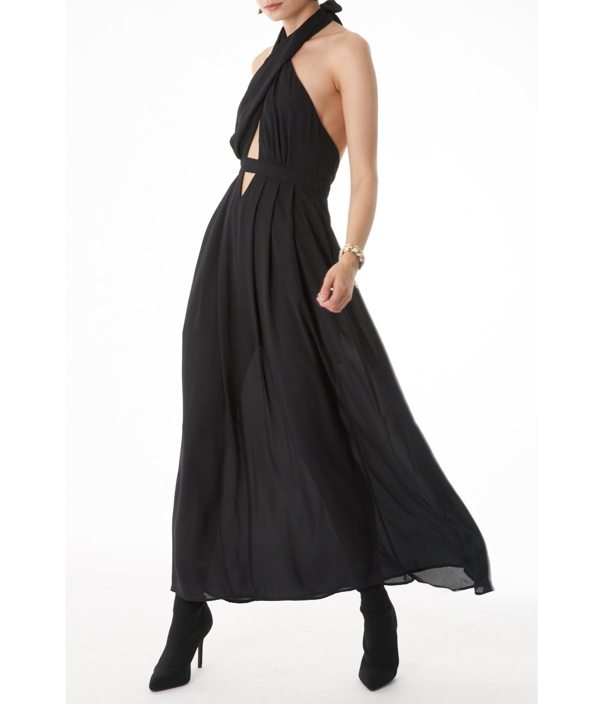 Ivi Tie Around Cross Halter Neck with Pleated Front Panel Maxi Dress Black