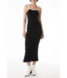 Jan Square Neck Contrast White Piping Midi Dress Black