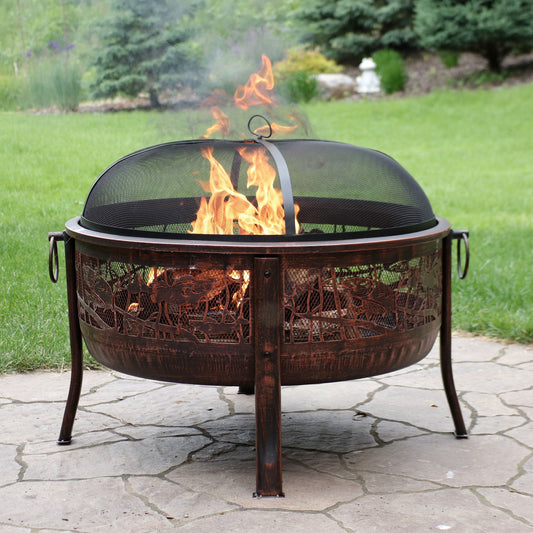 Camping or Backyard Steel Northwoods Fishing Fire Pit with Spark Screen - 30" - Bronze