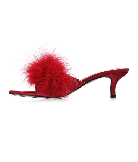 Women's Mona Marabou Hard Sole Slender Heel Slipper Red