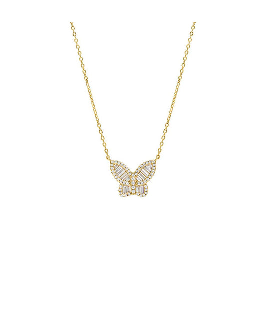 Small Pave X Baguette Butterfly Necklace Gold