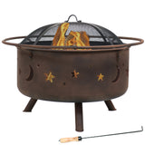 Camping or Backyard Round Cosmic Stars and Moons Fire Pit with Cooking Grill Grate, Spark Screen, and Log Poker - 30"